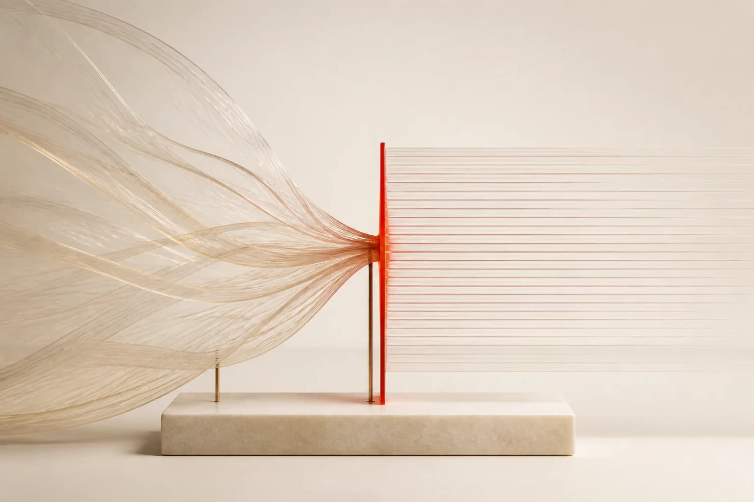 Abstract strands converging through a red boundary into one controlled record.